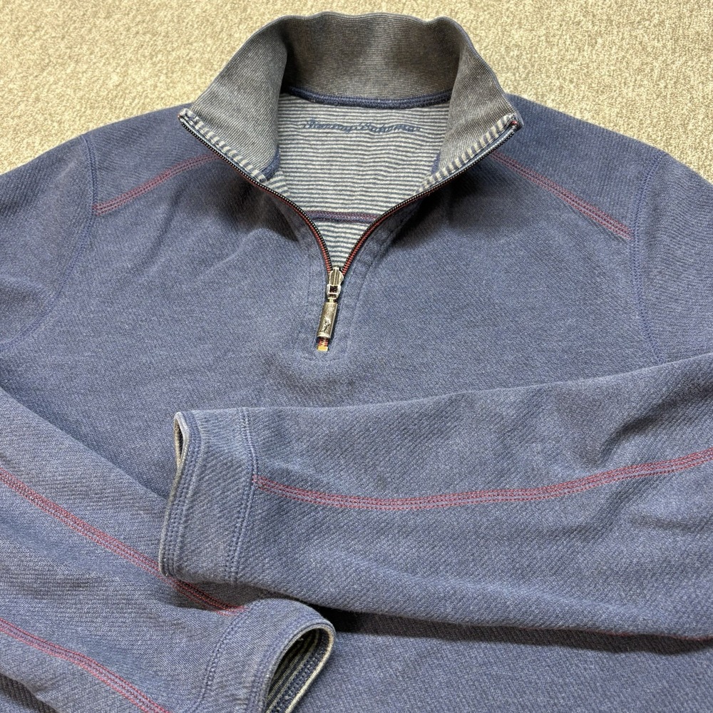 Tommy Bahama Reversible Sweater Mens XL 1/4 Zip Pullover Blue Cotton Knit Preppy - Picture 11 of 12